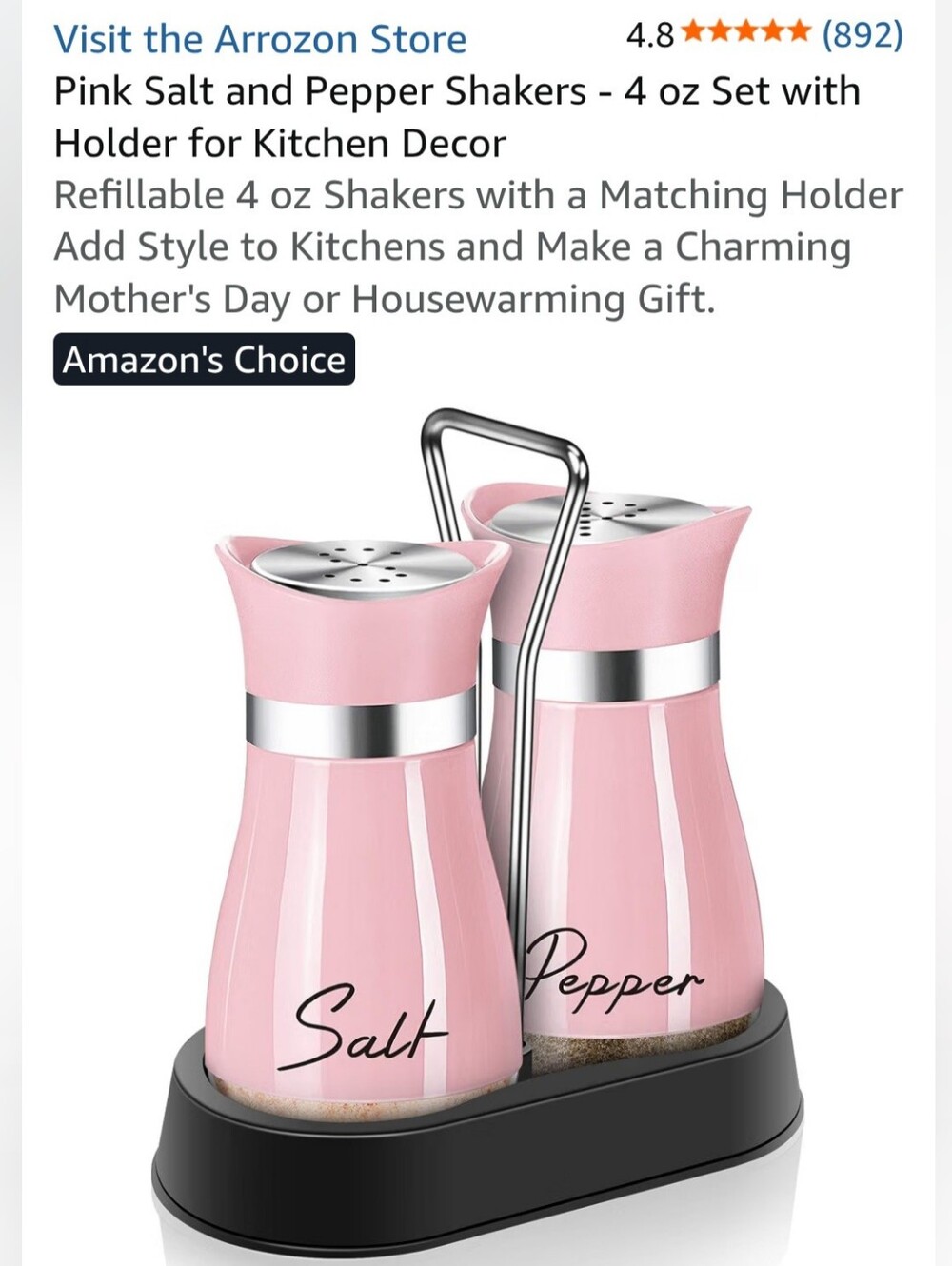 Pink Salt & Pepper Shaker Set with Holder